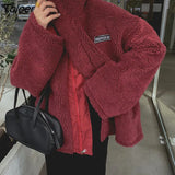 Harajuku Two Sides Wear Lamb Wool Coat Women 2023 Autumn Winter Zipper Up Plush Jacket Woman Stand Collar Warm