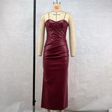 Toloer Women's Wear 2024 Temperament PU Skin Hot Girl With Chest Strap Fold Slit Dress-Outfit