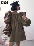 Women Khaki Big Size Mini Dress New Square Collar Long Puff Sleeve Loose Fit Fashion Tide Spring Autumn 2023