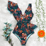 New Print Swimwear Deep V-Neck Ruffle Swimsuit Push Up One Piece Swimsuit Beach Wear Backless