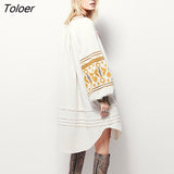 Elegant Women's Boho Dress O-Neck Single-Breasted Puff Sleeve Floral Embroidery Vintage Dresses Bohemian Beach
