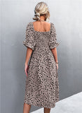 Sweet Square Collar Puff Sleeves Leopard Print Fit and Flare Holiday