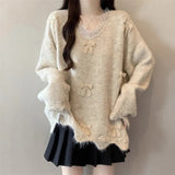 Toloer Three-Dimensional Bow V-Neck Shoulder Knitted Sweater Woman 2025 Autumn Big-Size Fat Mm Super Nice Look And Beautiful