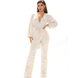 Women Sexy V Neck Sequins Long Sleeve Casual Belt Overalls Female High Waist Playsuit Elegant Ladies Party Club