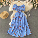 Women Chiffon French Style Dress Summer 2022 Slash Neck Vacation Elastic Waist Elegant Party Slim A Line Long