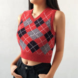 V Neck Vintage Argyle Sweater Vest Women Y2K Black Sleeveless Plaid Knitted Crop Sweaters Casual Autumn Preppy