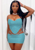 Sexy Strapless Sleeveless Low Waist Solid PU Leather Hollow Out Skinny MiniTwo Piece Skirt