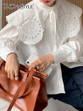 Korean Fashion Straight Shirt For Women Round Neck Puff Sleeve Solid Cut Out Blouses Female Spring Clothing