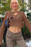 Hollow Out Cropped Knit Sweater Women Fairy Grunge Long Sleeve Top Vintage Loose Distressed Crochet Pullovers Cover-up
