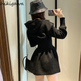 Korean Dresses Women Black Hooded Fashion Robe Femme Thicked Tunic A-line Dress 2023 Vestidos De Mujer Y2k Clothes