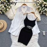 Women Two Pieces Sets Lantern Sleeve Blouse Shirt Top + Bodycon Slim Waist Ruched Spaghetti Strap Dress