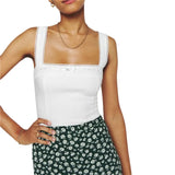 Women Crop Top Elegant Ladies Clothes Floral Print/Solid Color Square Collar Sleeveless Tanks Lace Trim Vest Party