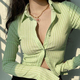 2021 Autumn Vintage Plaid Shirt Women Slim Cardigan Crop Top Long Sleeve Korean Style Fashion Green Blouses
