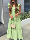 2022 Summer Maxi Sundress Women Sexy Sleeveless Ruffle Dress Bohemian Square Collar Casual Solid Beach Party Vestido