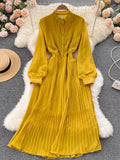 Autumn Purple/Red/Yellow Pleated Dress Women Vintage Stand Collar Puff Sleeve High Waist Draped Vestidos Female Midi Robe