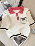 Summer Fashion Knit Sweater Women's Short Sleeve Polo Collar Casual Pullover Tops Korean Style Knitting Jumper Knitwear