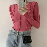 Korean Style Long Sleeve Top Bodycon Tshirt Women Blue Slim T Shirt Spring 2021 Designer Clothes Solid E Girl Tee