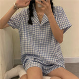 Sets Women Plaid Classic Retro Turn Down Collar Short Sleeve Loose Preppy Style Cozy Students Sleepwear Home Female