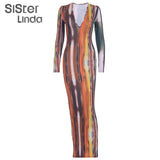 Colorful Printed V Neck Women Summer Party Dress Long Sleeve Fashion 2021Casual Bodycon Clubwear Clothes Lady Maxi Dress