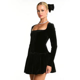 And Winter New Women's High-End Velvet Velvet Long-Sleeved Leaf-Side Dress