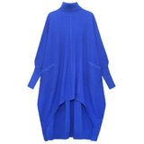 Women Blue Irregular Big Size Knitting Dress New Turtleneck Long Sleeve Loose Fit Fashion Tide Autumn Winter 2022