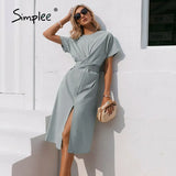 Party Cotton knotted straight women dress Casual O neck chic split dress Elegant green loose short sleeve ladies midi