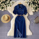 Luxury Famous Feudal High-Level Feeling Polo Collar Denim Dress Women Summer Fork Belt Design Niche Temperament
