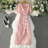 Office Ladies Dress Elegant Buttons Casual Slim Slim Vintage Romance Party Women Dress Red Pink Yellow Vestidos