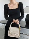 Long Sleeve Square Neck Fitted Tops Gray / Khaki / Black / White Spring Low Neck Women