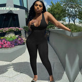 Ribbed Romper Jumpsuit Solid Color Sleeveless Deep U Neck Skinny Slim Tight Elastic Home Gym Casual
