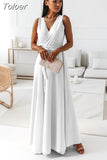 For Women 2023 Sexy Loose Slim V Neck Solid Color Long Dresses White Sleeveless Elegant Party Evening Robe Maxi