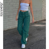 Rockmore Green Vintage Cargo Jeans Women Cotton Baggy Straight Pants Streetwear Pockets High Waist Wide Leg Denim Trousers