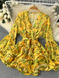 Bohemian Floral Chiffon Dress Women Sexy V-Neck Puff Long Sleeve High Waist Ruffle Vestidos Female Elegant Vacation Beach