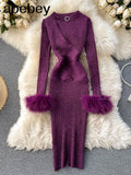 Quality Luxury Shining Knitted Women Dress Sexy Hollow Out V-neck Halter Bodycon Party Dress Fashion Purple
