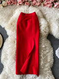 Office Lady Red/Black Pencil Skirt Women Elegant High Waist Split Faldas Female Casual Slim Bodycon Saias OL Autumn New