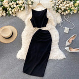 Summer Women Black/White Two Piece Set Vintage O-Neck Sleeveless Camis + High Waist Draped Midi Skirt Casual Suit New