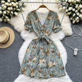 Summer Vintage Women Pleated Chiffon Dress Elegant Floral V-Neck Short Sleeve High Waist Draped A-Line Vestidos Female New