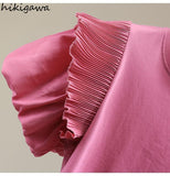 Woman Tshirts 2023 Summer Clothing Shirts for Women Patchwork Puff Sleeve O-neck Tees Tops Korean Casual Sweet