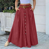 Maxi Skirts Fashion Women Elegant Button High Waist Midi Skirt Female Big Hem Casual Flare Pocket Button Long