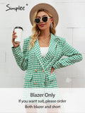 Party Green houndstooth shoulder pads women blazer suit Office lady button pocket short set autumn Long sleeve plaid suit