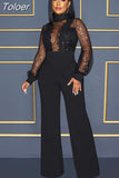 Fashion Mesh Sequin One Piece Jumpsuit Women Turtleneck Lantern Long Sleeve Romper Luxury High Waist Wide Leg Body