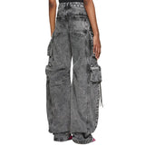 Toloer Spring And Autumn New Fashion Smoke Gray Splicing Multi-Pocket Cargo Pants Street Water To Make Old Long Wide-Leg Pants-Outfit