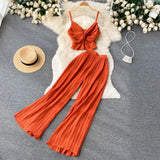 Summer Women Pleated Two Piece Set Sexy Female Criss Cross Twist Strap Tops + High Waist Draped Pants Beach Suits Vacation