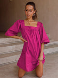 Holiday Dress Square Collar Rose Pink Mini Dress Pleated Flare Sleeve Casual Loose Women Clothes Summer Dresses