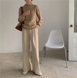 Women Autumn Winter Half Neck Sweater Tops Long Lantern Sleeve Casual Knitted Blouse Fashion Korean Elegant Office Lady