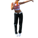 Women Zip Up Folds Low Waist Straight Pants y2k Clothes Korean Fashion Dark Blue Cargo Pants Joggers Straight