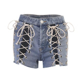 Graduation party Bandage Hollow Out Shorts Jean Denim High Street Casual Biker Shorts Summer Sexy Casual Lace Up Streetwear