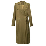 Women Green Bandage Big Size Long Blazer New Lapel Long Sleeve Loose Fit Jacket Fashion Tide Spring Autumn 2023