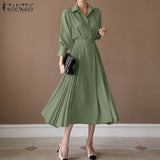 Pleated Fashion Elegant Work OL Party Casual Vestidos Shirtdress Vintage Dresses ZANZEA Women Spring Sleeved A-line Lapel