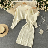 Women Sexy Knitted Two Pieces Suits Short Loose Pullover Top+Midi Camis Dress Striped Winter Streetwear Sweater